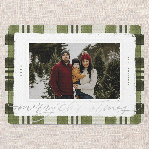 Signed Plaid Holiday Card, Green, Silver Foil, 5x7 Flat, Christmas, Matte, Signature Smooth Cardstock, Rounded, Bark