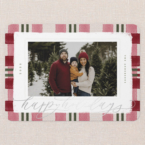 Signed Plaid Holiday Card, Red, Silver Foil, 5x7 Flat, Holiday, Pearl Shimmer Cardstock, Rounded, Holiday