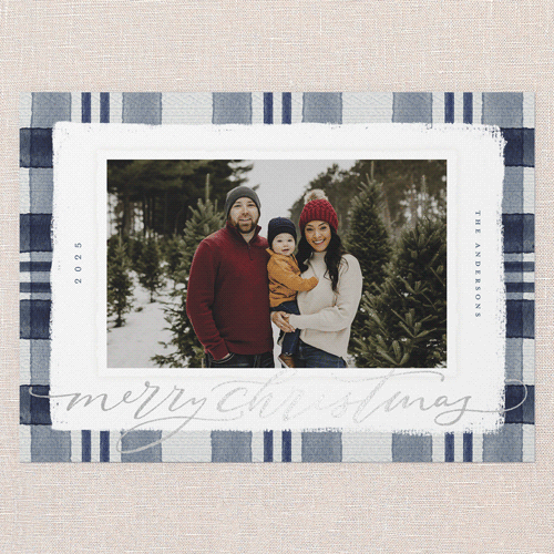 Signed Plaid Holiday Card, Blue, Silver Foil, 5x7 Flat, Christmas, Pearl Shimmer Cardstock, Square, Nautical