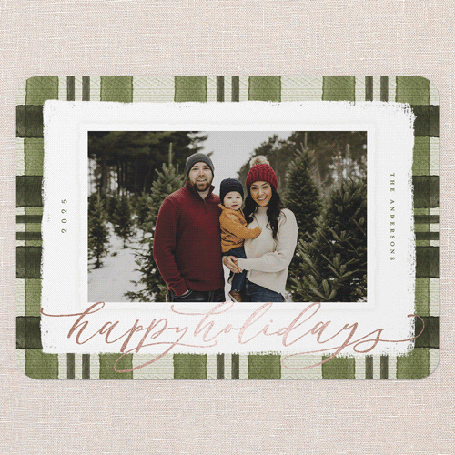 Signed Plaid Holiday Card, Green, Rose Gold Foil, 5x7 Flat, Holiday, Matte, Signature Smooth Cardstock, Rounded, Bark