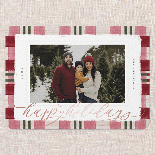 Signed Plaid Holiday Card, Red, Rose Gold Foil, 5x7 Flat, Holiday, Pearl Shimmer Cardstock, Rounded, Holiday