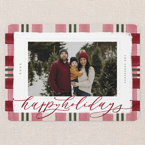 Signed Plaid Holiday Card, Red, Red Foil, 5x7 Flat, Holiday, Pearl Shimmer Cardstock, Rounded, Holiday