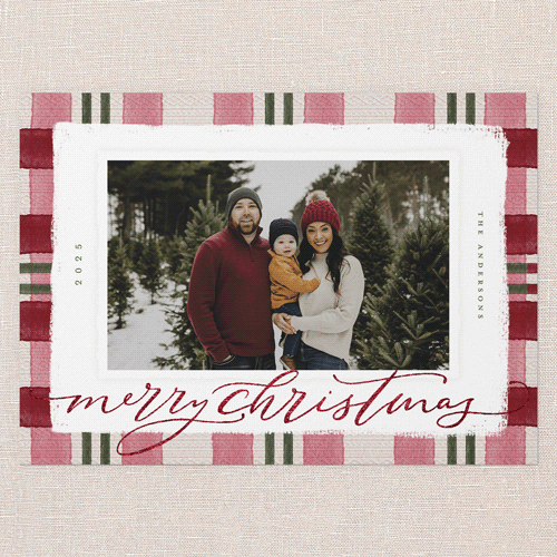 Signed Plaid Holiday Card, Red, Red Foil, 5x7 Flat, Christmas, Pearl Shimmer Cardstock, Square, Holiday