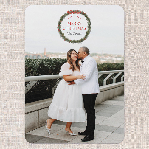 Wreathed Greetings Holiday Card, Red, 5x7 Flat, Christmas, Standard Smooth Cardstock, Rounded, Apple