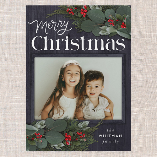 Framed Evergreen Holiday Card, Blue, 5x7 Flat, Christmas, Pearl Shimmer Cardstock, Square, Blue