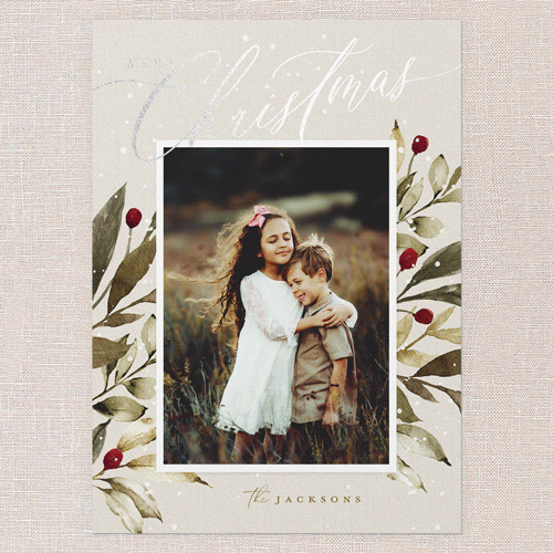 Baroque Berries Holiday Card, Grey, Silver Foil, 5x7 Flat, Christmas, Matte, Signature Smooth Cardstock, Square, Whisper Gray