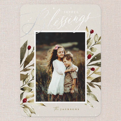 Baroque Berries Holiday Card, Grey, Silver Foil, 5x7 Flat, Religious, Pearl Shimmer Cardstock, Rounded, Whisper Gray