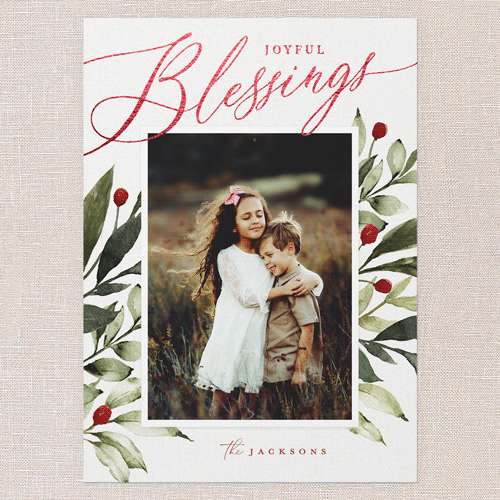 Baroque Berries Holiday Card, White, Red Foil, 5x7 Flat, Religious, Pearl Shimmer Cardstock, Square, White