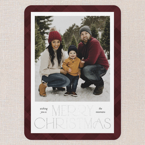Plaid Stamp Holiday Card, Red, Silver Foil, 5x7 Flat, Christmas, Pearl Shimmer Cardstock, Rounded, Red