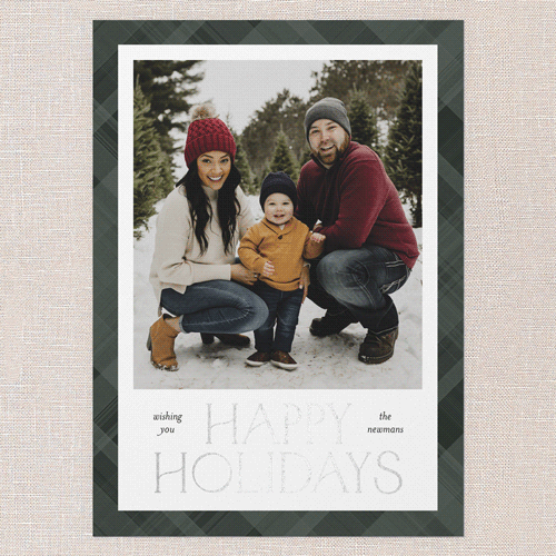 Plaid Stamp Holiday Card, Green, Silver Foil, 5x7 Flat, Holiday, Matte, Signature Smooth Cardstock, Square, Green