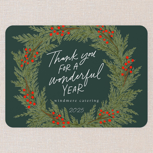 Perfect Wreath Holiday Card, Green, 5x7 Flat, Holiday, Pearl Shimmer Cardstock, Rounded, Pine Grove