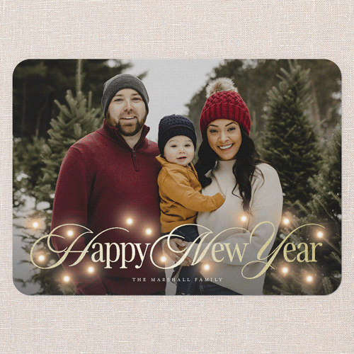 Timeless Lights Holiday Card, White, Gold Foil, 5x7 Flat, New Year, Pearl Shimmer Cardstock, Rounded, White