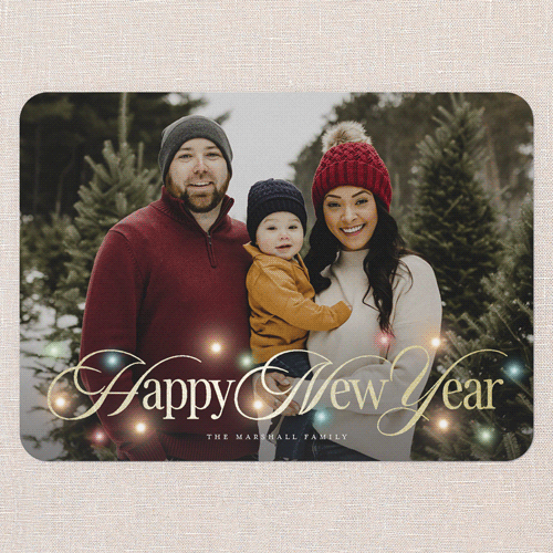 Timeless Lights Holiday Card, Red, Gold Foil, 5x7 Flat, New Year, Pearl Shimmer Cardstock, Rounded, Red