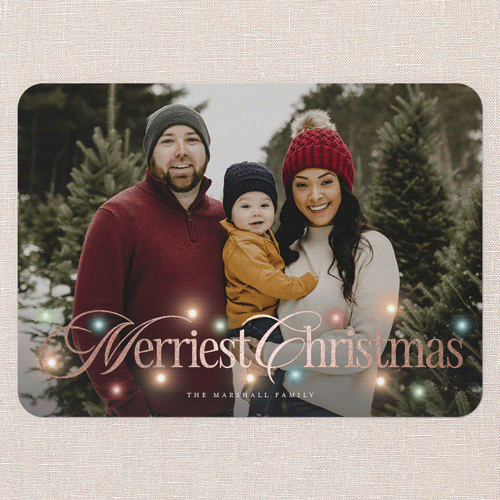 Timeless Lights Holiday Card, Red, Rose Gold Foil, 5x7 Flat, Christmas, Pearl Shimmer Cardstock, Rounded, Red