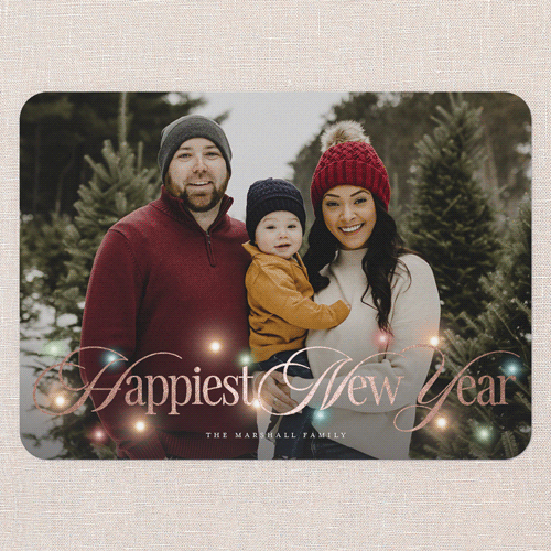 Timeless Lights Holiday Card, Red, Rose Gold Foil, 5x7 Flat, New Year, Pearl Shimmer Cardstock, Rounded, Red