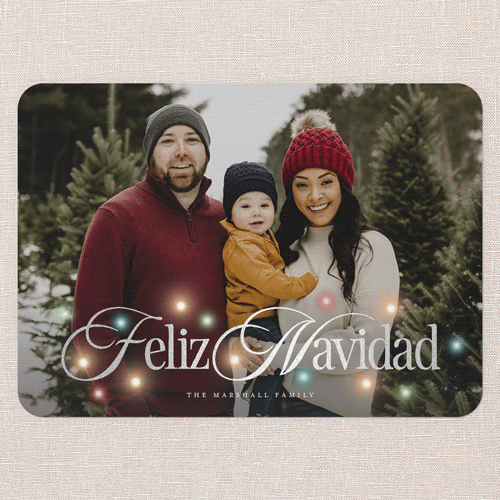 Timeless Lights Holiday Card, Red, Silver Foil, 5x7 Flat, Feliz Navidad, Pearl Shimmer Cardstock, Rounded, Red