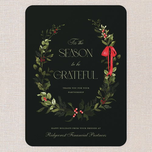 Wreath Grateful Holiday Card, Black, 5x7 Flat, Holiday, Standard Smooth Cardstock, Rounded, Rich Black