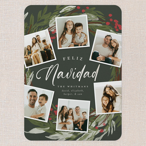 Wreath Photos Holiday Card, Green, 5x7 Flat, Feliz Navidad, 100% Recycled Cardstock , Rounded, Pine