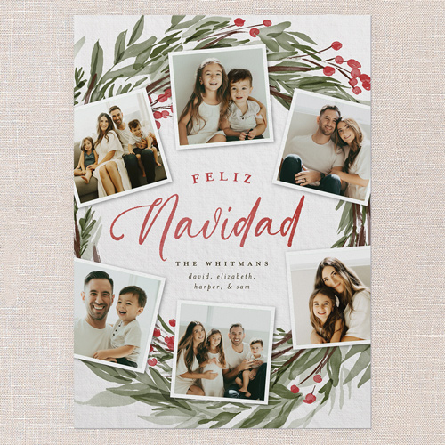 Wreath Photos Holiday Card, Grey, 5x7 Flat, Feliz Navidad, Pearl Shimmer Cardstock, Square, Whisper Gray