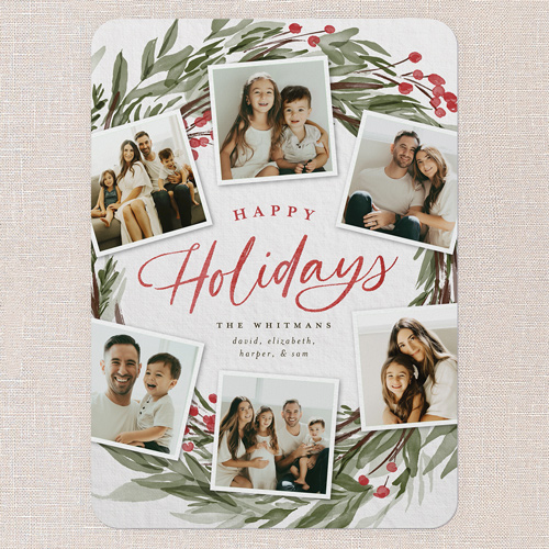 Wreath Photos Holiday Card, Grey, 5x7 Flat, Holiday, Pearl Shimmer Cardstock, Rounded, Whisper Gray