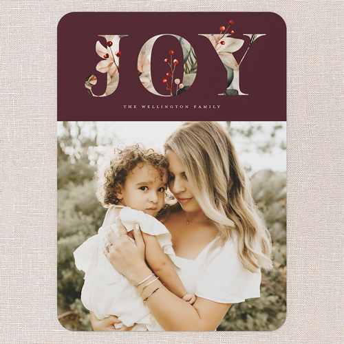 Botanic Joy Holiday Card, Red, 5x7 Flat, Holiday, Standard Smooth Cardstock, Rounded, Rich Burgundy