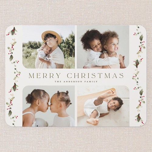 Draped Holly Holiday Card, Beige, none, 5x7 Flat, Christmas, 100% Recycled Cardstock , Rounded, Apricot Mousse