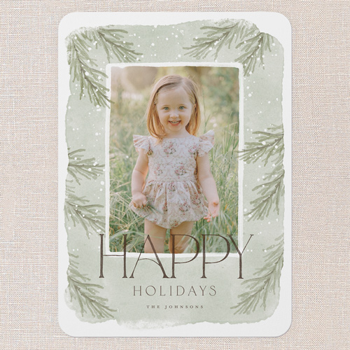 Soft Pines Holiday Card, Green, 5x7 Flat, Holiday, Pearl Shimmer Cardstock, Rounded, Green Tea