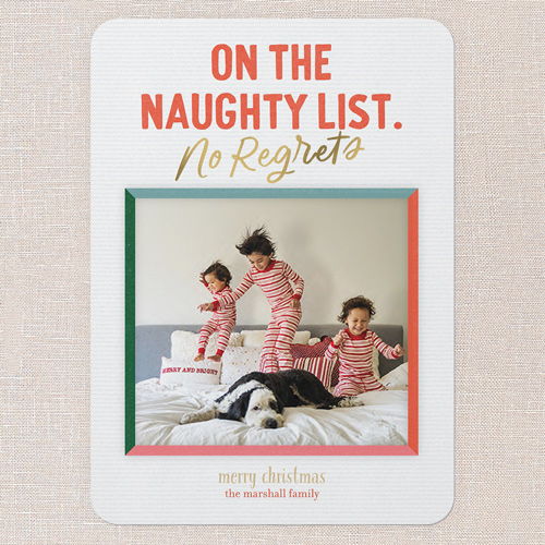 Naughty Regrets Holiday Card, White, 5x7 Flat, Christmas, Pearl Shimmer Cardstock, Rounded, White