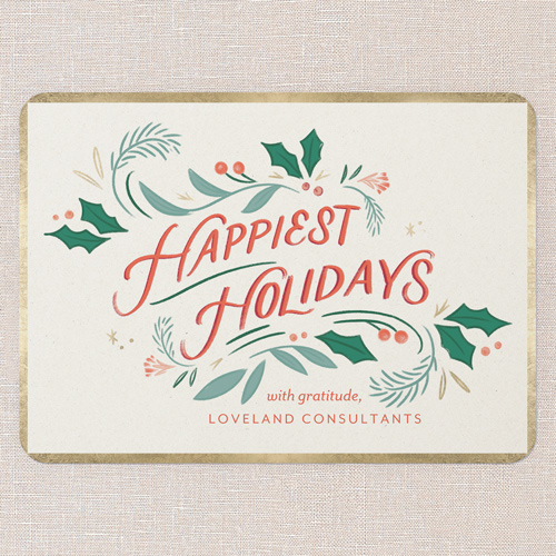 Holly Whimsy Holiday Card, Beige, 5x7 Flat, Holiday, Matte, Signature Smooth Cardstock, Rounded, Cream