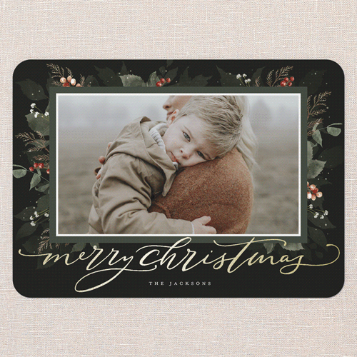 Botanical Wishes Holiday Card, Green, Gold Foil, 5x7 Flat, Christmas, Matte, Signature Smooth Cardstock, Rounded, Pine Grove