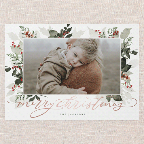 Botanical Wishes Holiday Card, Rose Gold Foil, White, 5x7 Flat, Christmas, Matte, Signature Smooth Cardstock, Square, White