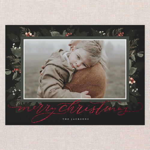 Botanical Wishes Holiday Card, Green, Red Foil, 5x7 Flat, Christmas, Pearl Shimmer Cardstock, Square, Pine Grove