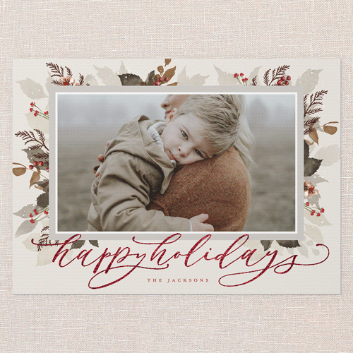 Botanical Wishes Holiday Card, Beige, Red Foil, 5x7 Flat, Holiday, Pearl Shimmer Cardstock, Square, Adobe Blush