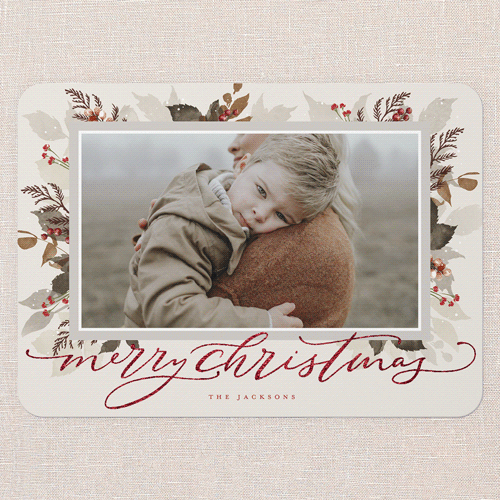 Botanical Wishes Holiday Card, Beige, Red Foil, 5x7 Flat, Christmas, Pearl Shimmer Cardstock, Rounded, Adobe Blush