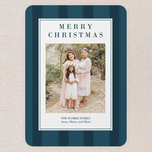 Striped Border Elegance Holiday Card, Blue, 5x7 Flat, Christmas, Pearl Shimmer Cardstock, Rounded, Sapphire