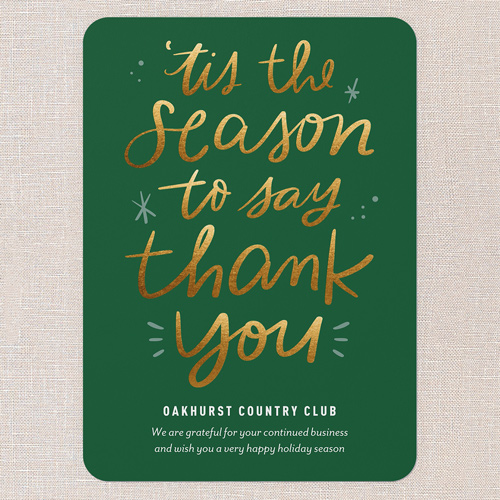 Seasonal Thanks Holiday Card, Green, 5x7 Flat, Holiday, Pearl Shimmer Cardstock, Rounded, Forest