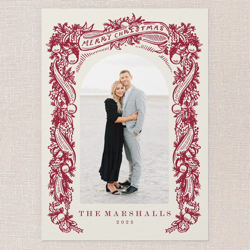 Ornate Pine Frame Holiday Card, Red, 5x7 Flat, Christmas, Pearl Shimmer Cardstock, Square, Holiday