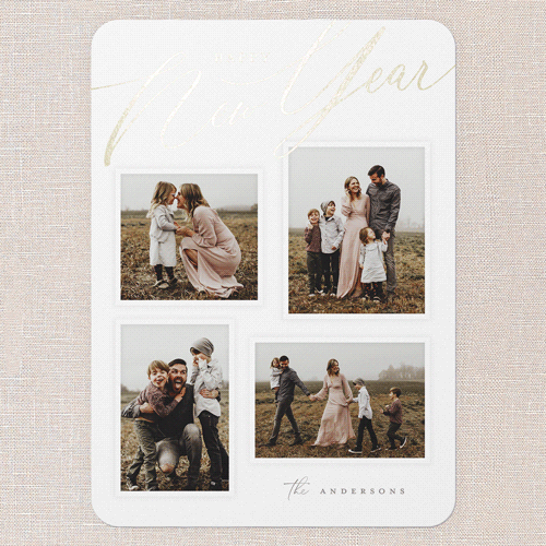 Golden Script Blessings Holiday Card, White, Gold Foil, 5x7 Flat, New Year, Pearl Shimmer Cardstock, Rounded, White