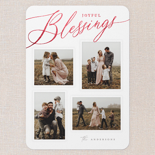 Golden Script Blessings Holiday Card, Red Foil, White, 5x7 Flat, Religious, Pearl Shimmer Cardstock, Rounded, White