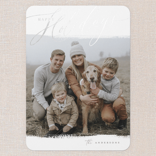 Golden Script Overlay Holiday Card, Silver Foil, White, 5x7 Flat, Holiday, Pearl Shimmer Cardstock, Rounded, White