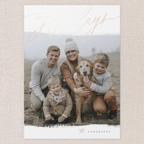 Golden Script Overlay Holiday Card, Rose Gold Foil, White, 5x7 Flat, Holiday, Pearl Shimmer Cardstock, Square, White