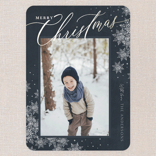 Winter Script Holiday Card, Blue, Gold Foil, 5x7 Flat, Christmas, Pearl Shimmer Cardstock, Rounded, Indigo