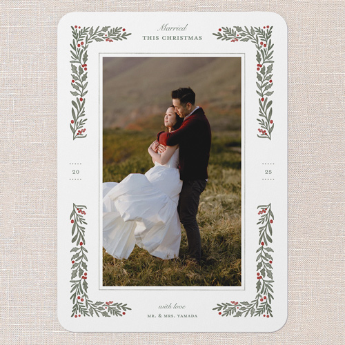 Holly Union Holiday Card, White, 5x7 Flat, Christmas, 100% Recycled Cardstock , Rounded, White