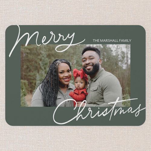 Signature Joy Holiday Card, Green, 5x7 Flat, Christmas, Pearl Shimmer Cardstock, Rounded, Green