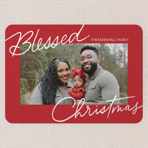 Signature Joy Holiday Card, Red, 5x7 Flat, Religious, Pearl Shimmer Cardstock, Rounded, Radish