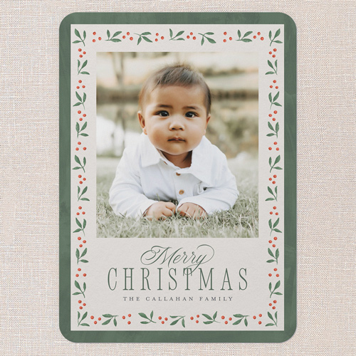 Berry Branch Frame Holiday Card, Green, 5x7 Flat, Christmas, Standard Smooth Cardstock, Rounded, Basil