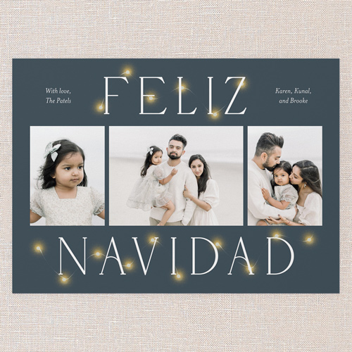 Luminous Glow Holiday Card, Blue, 5x7 Flat, Feliz Navidad, Pearl Shimmer Cardstock, Square, Slate Blue