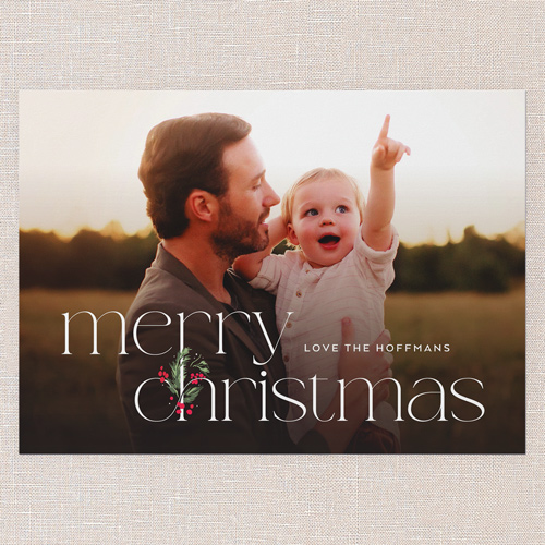 Holly Accent Holiday Card, White, 5x7 Flat, Christmas, Pearl Shimmer Cardstock, Square, White