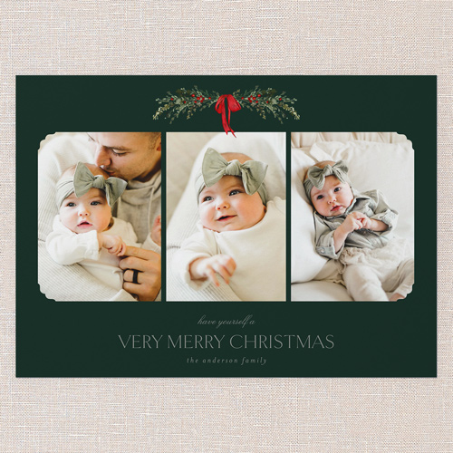 Festive Ribbon Frame Holiday Card, Green, 5x7 Flat, Christmas, Pearl Shimmer Cardstock, Square, Pine Grove