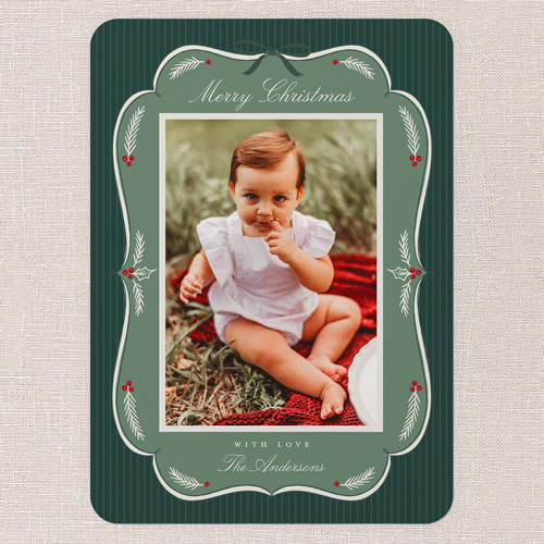 Ribboned Greetings Holiday Card, Green, 5x7 Flat, Christmas, Matte, Signature Smooth Cardstock, Rounded, Pine Grove